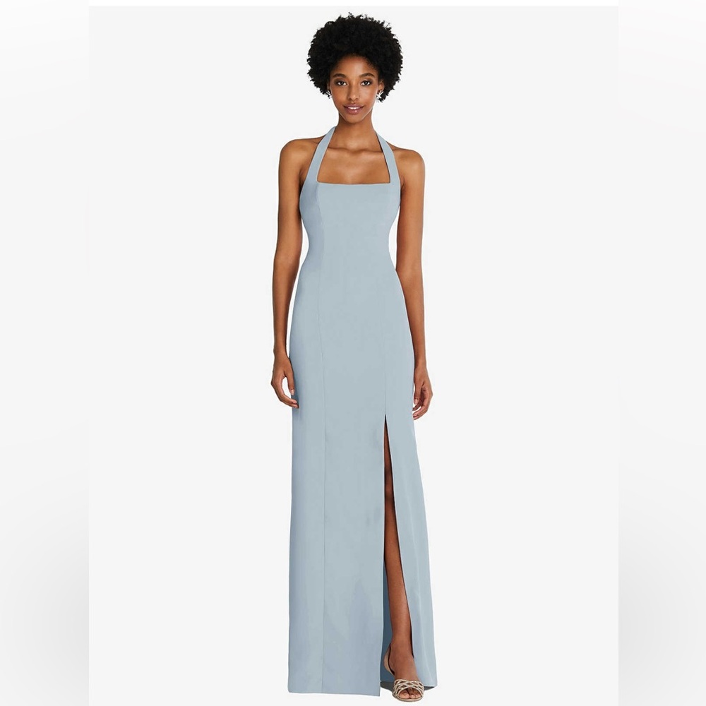 Dessy Group Bridesmaid Tie Halter Open Back Trumpet Gown Mist - S/XT maxi blue